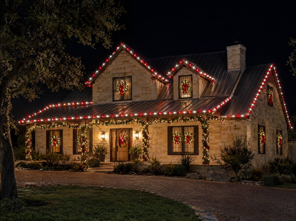 Limestone farmhouse in red and white lights with wreaths
