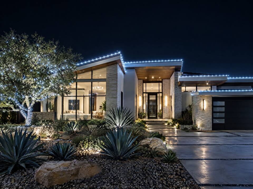 Modern home outlined in icy white lights
