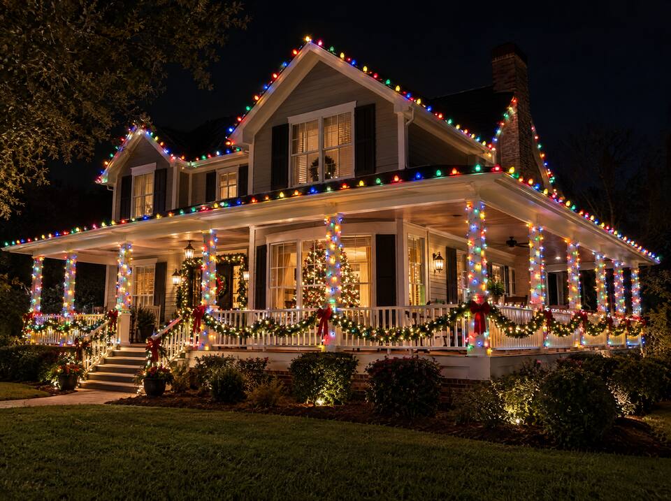 Two-story home with a wraparound porch wrapped in multicolor lights