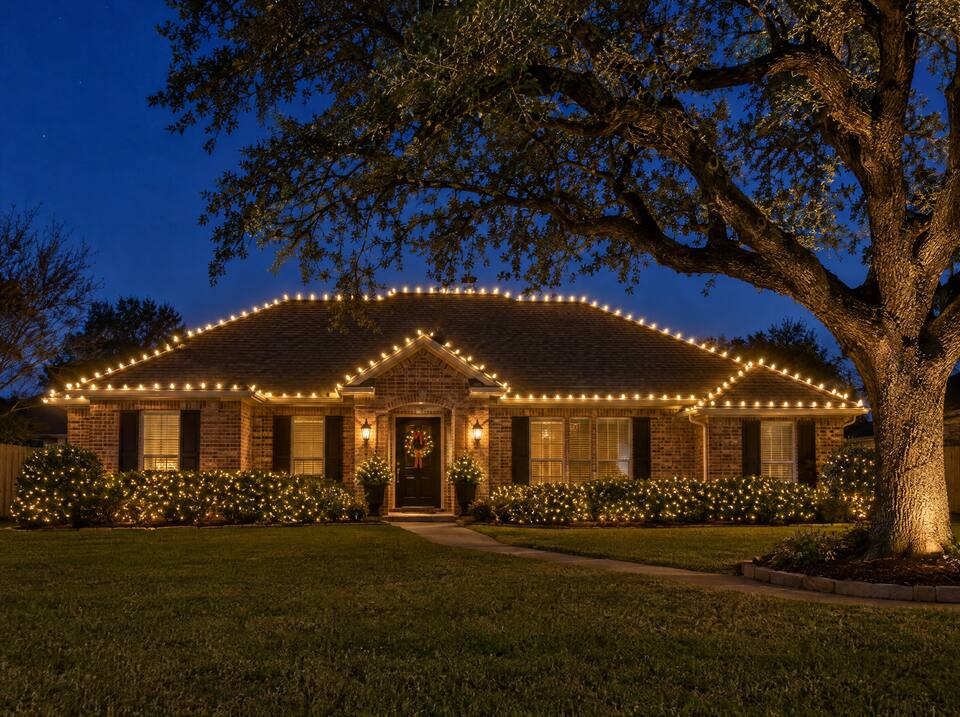 Brick ranch home outlined in warm white lights