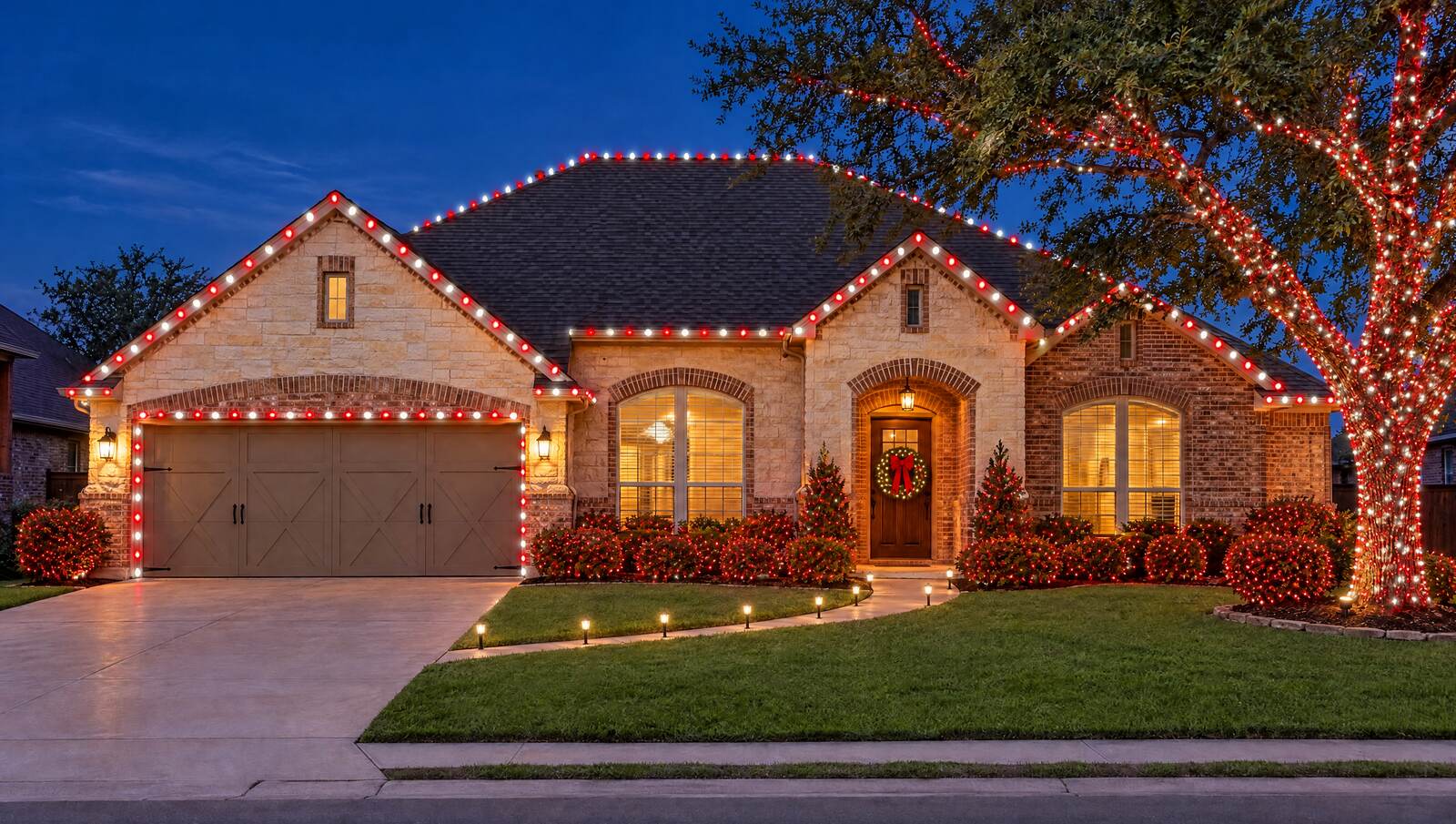 Home lit in red and white candy cane lights