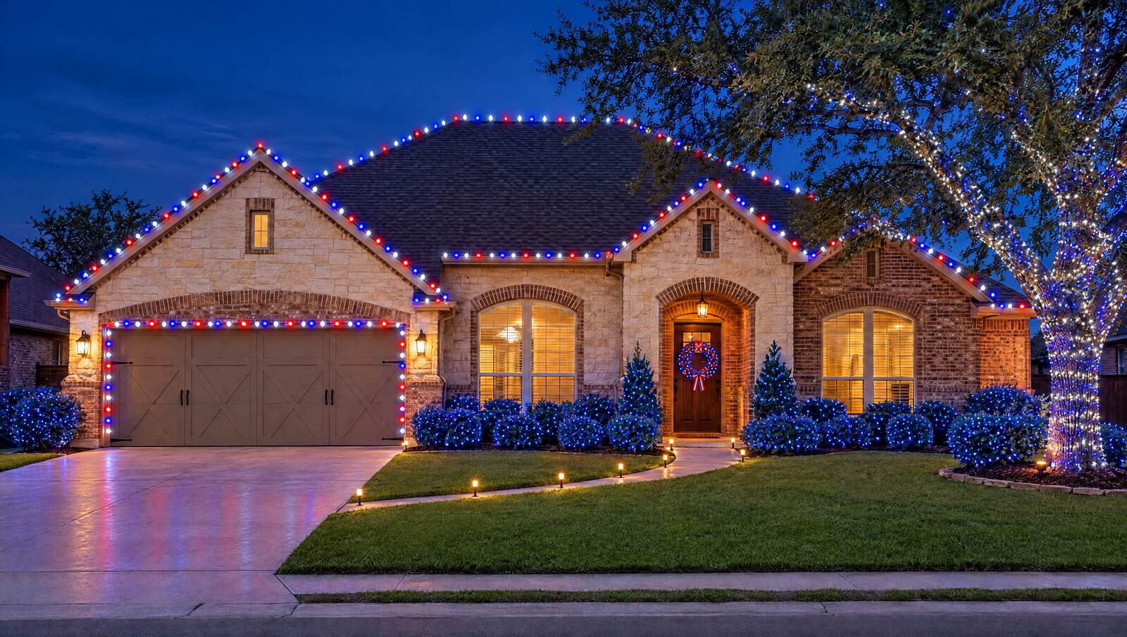 Home lit in red, white and blue lights