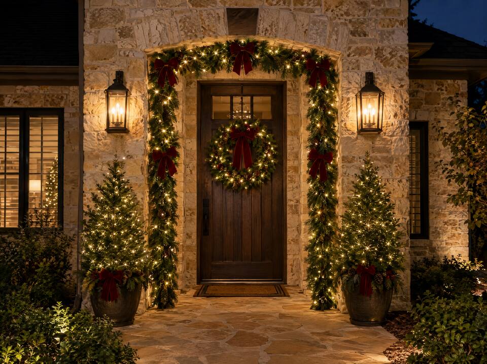 Front door framed in lit garland with a lit wreath