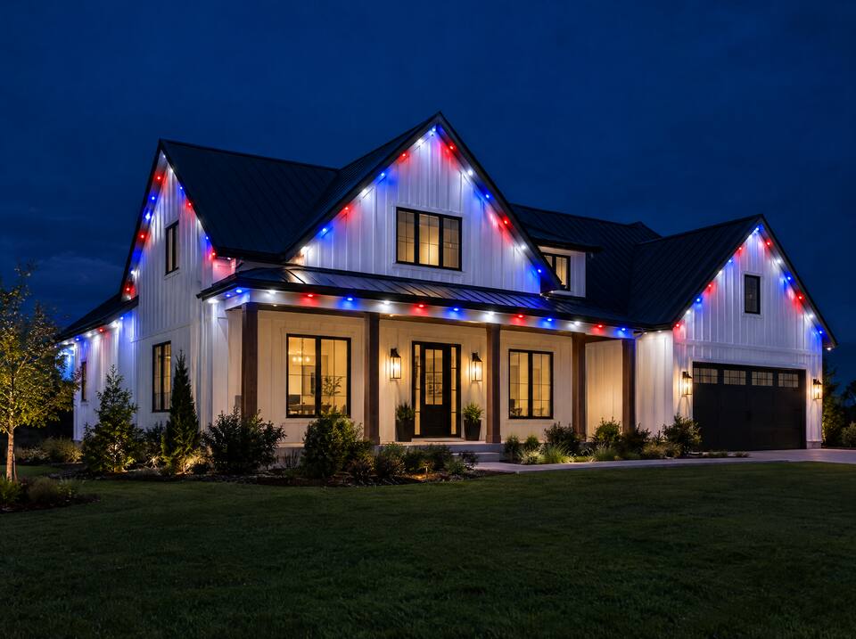 Permanent LED lighting glowing red, white and blue under a roofline