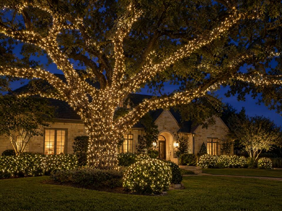 Oak tree wrapped in warm white lights with glowing shrubs